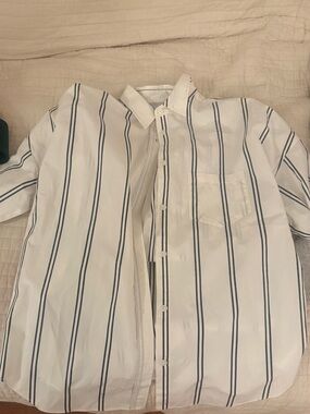 Chiara Ferragni LMND  White Button-Up Shirt with Navy Vertical Stripes Small